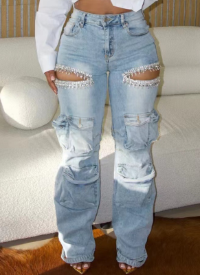 Fashionable Women'S Washed Multi-Pocket Diamond-Studded Jeans