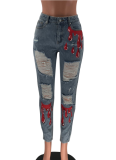Casual Printed Ripped Jeans