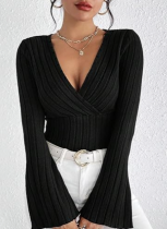 Autumn And Winter Ribbed V-Neck Slim Long-Sleeved T-Shirt