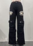 Fashionable Women'S Washed Multi-Pocket Diamond-Studded Jeans