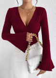 Autumn And Winter Ribbed V-Neck Slim Long-Sleeved T-Shirt