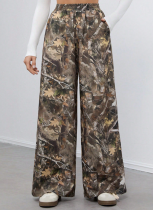 Elastic Waist Leaf Print Wide-Leg Casual Pants