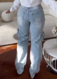 Fashionable Women'S Washed Multi-Pocket Diamond-Studded Jeans