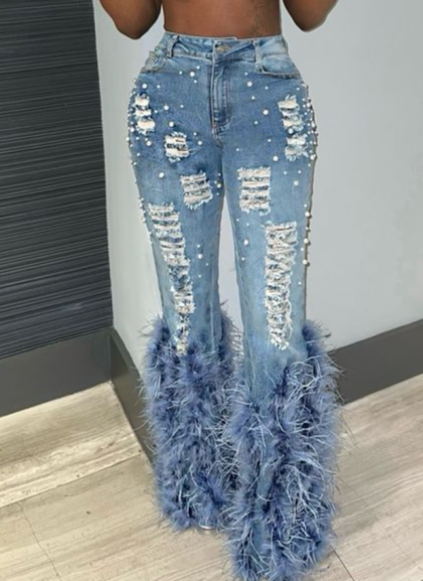 Stretch Pearl Vintage Embellished Feather Jeans