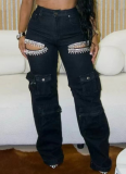 Fashionable Women'S Washed Multi-Pocket Diamond-Studded Jeans