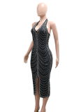 High-End Hot Diamond Sexy Backless Tight Slit Dress
