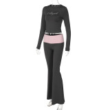 Fashionable Hot Diamond Contrast Color Round Neck Long-sleeved Bell Bottoms Suit