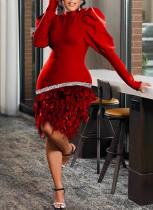 Fashionable Lantern Sleeve Slimming and Tight Niche Feather Dress