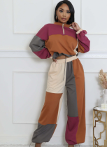 Sexy Sports Woven Zipper Drawstring Design Color Block Two-Piece Suit