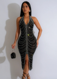 High-End Hot Diamond Sexy Backless Tight Slit Dress