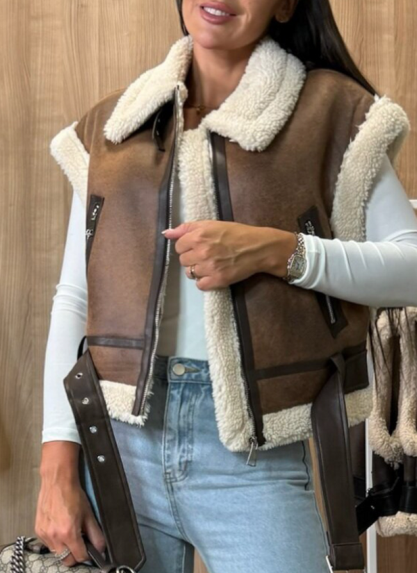 Fashionable Motorcycle Zip-Up Fur Patchwork Vest Jacket