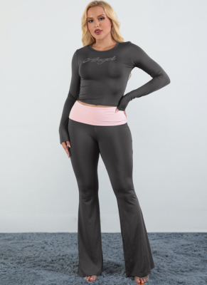 Fashionable Hot Diamond Contrast Color Round Neck Long-sleeved Bell Bottoms Suit