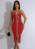 High-End Hot Diamond Sexy Backless Tight Slit Dress
