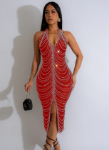 High-End Hot Diamond Sexy Backless Tight Slit Dress