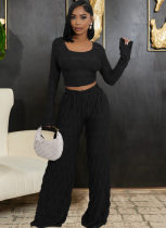 Jacquard Long-Sleeved Cropped Top Paired With Stylish Slim-Fit Trousers Two-Piece Set