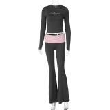 Fashionable Hot Diamond Contrast Color Round Neck Long-sleeved Bell Bottoms Suit