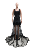 Sling Flower Mesh Splicing Long Skirt Sexy Sling Hot Diamond Hip Dress