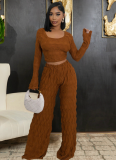 Jacquard Long-Sleeved Cropped Top Paired With Stylish Slim-Fit Trousers Two-Piece Set