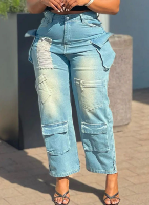 Fashionable Multi-Pocket Ripped Denim Wide-Leg Overalls