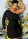 Single-Side Long-Sleeved Ribbed Three-Dimensional Flower Bag Hip Evening Dress