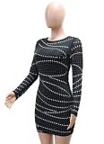 Sexy Round Neck Long Sleeve Hot Diamond Exposed Backpack Hip Party Dress