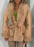 PU Leather Large Fur Collar Lace-Up Ladies Leather Stitching Slim Long-sleeved Jacket