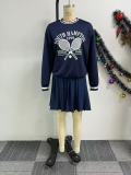 Printed Pullover Sweatshirt Pleated Skirt Suit