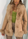 PU Leather Large Fur Collar Lace-Up Ladies Leather Stitching Slim Long-sleeved Jacket