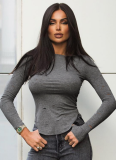 Gray Long Sleeve Crew Neck Shredded Slim Fit Street Style Top