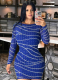 Sexy Round Neck Long Sleeve Hot Diamond Exposed Backpack Hip Party Dress