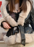 PU Leather Large Fur Collar Lace-Up Ladies Leather Stitching Slim Long-sleeved Jacket