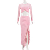 Hollow Navel-baring Mesh See-through Long-sleeved Two-piece Dress
