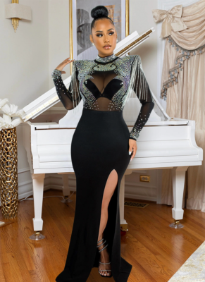 New Sexy See-Through Net Yarn Hot Diamond Slim Slit Dress