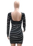Sexy Round Neck Long Sleeve Hot Diamond Exposed Backpack Hip Party Dress