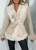 PU Leather Large Fur Collar Lace-Up Ladies Leather Stitching Slim Long-sleeved Jacket