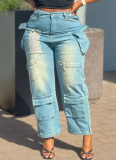 Fashionable Multi-Pocket Ripped Denim Wide-Leg Overalls