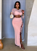 Hollow Navel-baring Mesh See-through Long-sleeved Two-piece Dress
