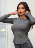 Gray Long Sleeve Crew Neck Shredded Slim Fit Street Style Top