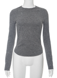 Gray Long Sleeve Crew Neck Shredded Slim Fit Street Style Top
