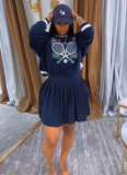 Printed Pullover Sweatshirt Pleated Skirt Suit