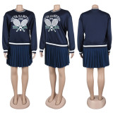 Printed Pullover Sweatshirt Pleated Skirt Suit