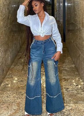 Blue Women'S Fashion Denim Washed Vintage High Waist Wide Leg Pants