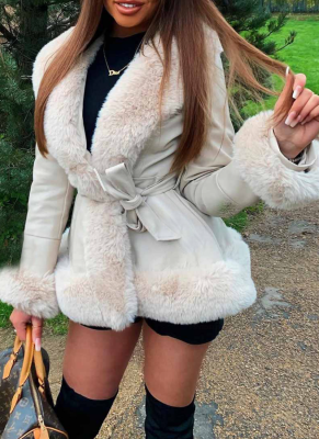 PU Leather Large Fur Collar Lace-Up Ladies Leather Stitching Slim Long-sleeved Jacket