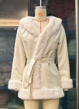 PU Leather Large Fur Collar Lace-Up Ladies Leather Stitching Slim Long-sleeved Jacket