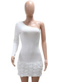 Single-Side Long-Sleeved Ribbed Three-Dimensional Flower Bag Hip Evening Dress