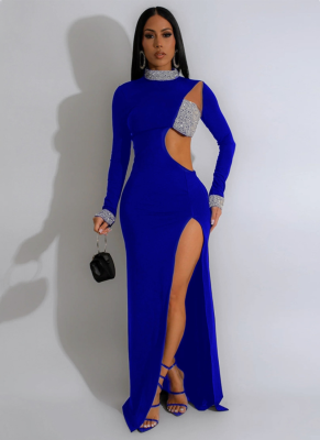 Fashionable Solid Color Rhinestone Long Sleeve High Slit Dress