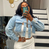 Hot Selling Short Denim Jacket With Irregular Chain Decoration