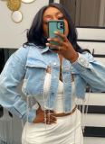 Hot Selling Short Denim Jacket With Irregular Chain Decoration