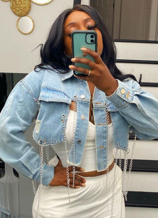 Hot Selling Short Denim Jacket With Irregular Chain Decoration