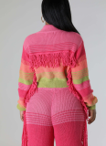 Wool Knit Hand Hook Color Block Pocket Tassel Zipper Cardigan Jacket